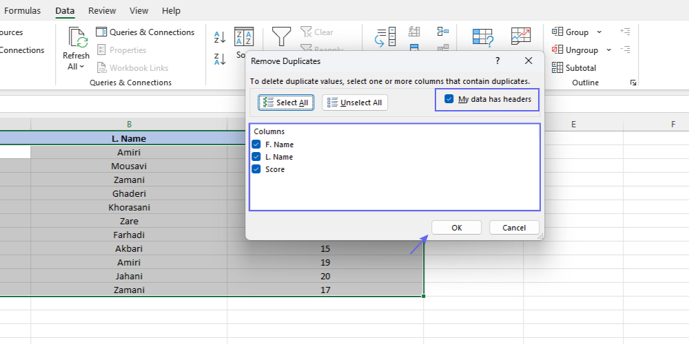 آموزش حذف ردیف و سطر های تکراری در اکسل
