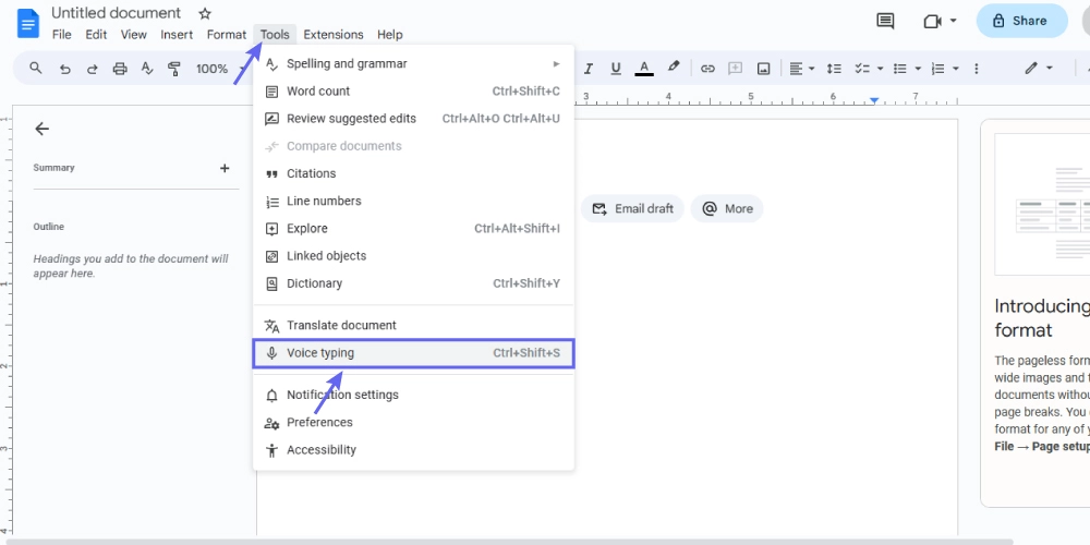 تبدیل صدا به متن انگلیسی در گوگل داکس google docs