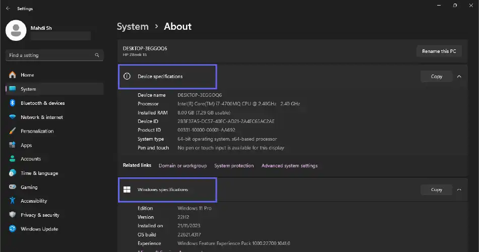 دیدن مشخصات سیستم در ویندوز 11